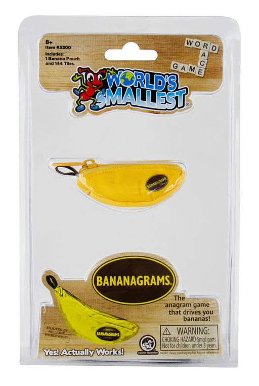 Banana-shaped game packaging for Bananagrams with 'World's Smallest' branding on a white background.