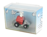 Model of a dog in a red car inside a clear display case with Snoopy illustrations on the sides.