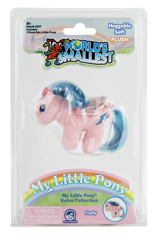 My Little Pony Firefly plush toy in its original retail packaging by World's Smallest. The pink pony has a blue mane and tail, and the package features 'World's Smallest' and 'My Little Pony' branding.