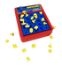 Board game with red and blue board and yellow pieces on a white background