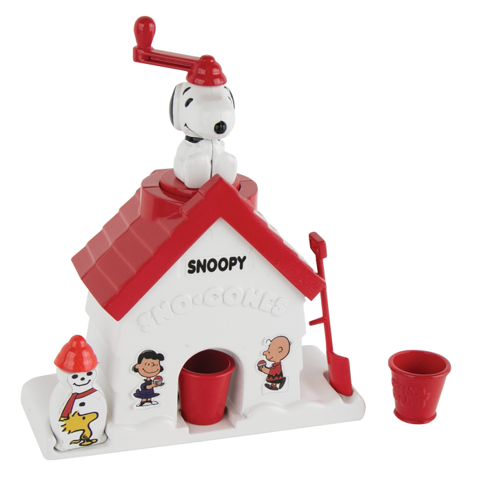 Snoopy-themed toy house with characters and red roof on a white background