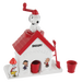 Snoopy-themed toy house with characters and red roof on a white background