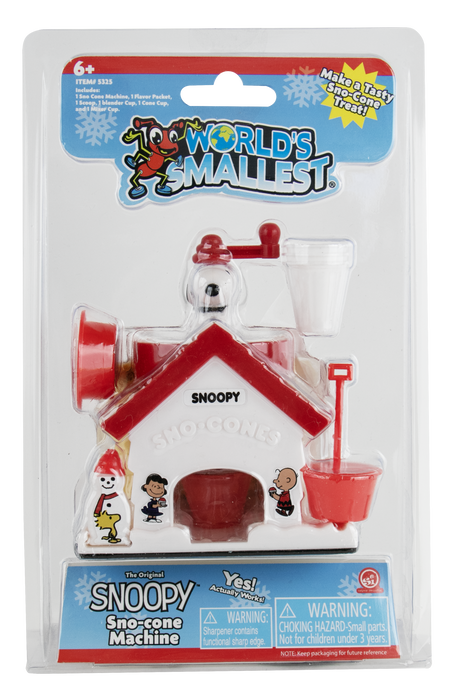 Snoopy 'World's Mallest' sno-cone machine toy in its original blister packaging, featuring a red and white sno-cone house with a crank handle, cup, and bucket.