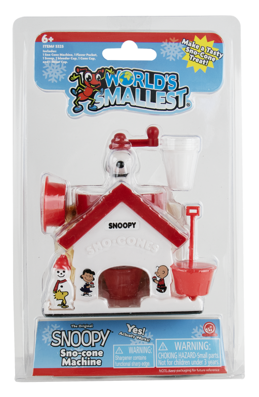 Snoopy 'World's Mallest' sno-cone machine toy in its original blister packaging, featuring a red and white sno-cone house with a crank handle, cup, and bucket.