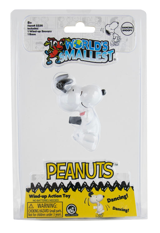 World's Smallest Peanuts wind-up action toy packaging with Snoopy figure.
