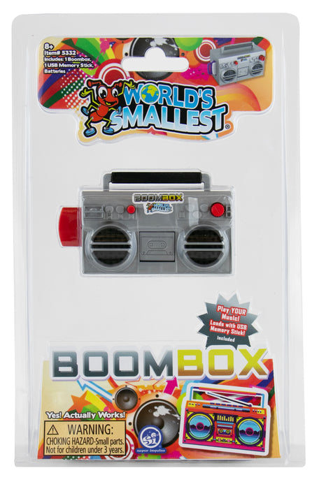 World's Smallest Boombox toy in packaging with colorful design