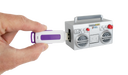 Toy boombox with USB drive attached held by a hand on a white background