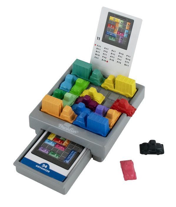 ThinkFun Advanced Cash Register toy with a gray plastic body, colorful block pieces, a digital display screen, and a cash register drawer, shown on a white background.