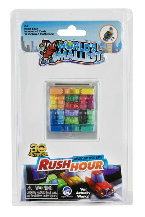 World's Mallest Rush Hour toy set in its original blister packaging, featuring a 16-piece traffic grid game with colorful plastic cars and a clear plastic window.