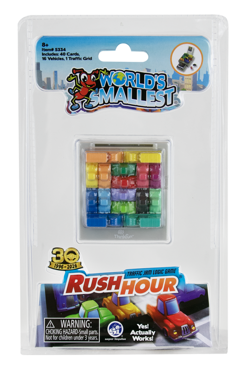 World's Mallest Rush Hour toy set in its original blister packaging, featuring a 16-piece traffic grid game with colorful plastic cars and a clear plastic window.