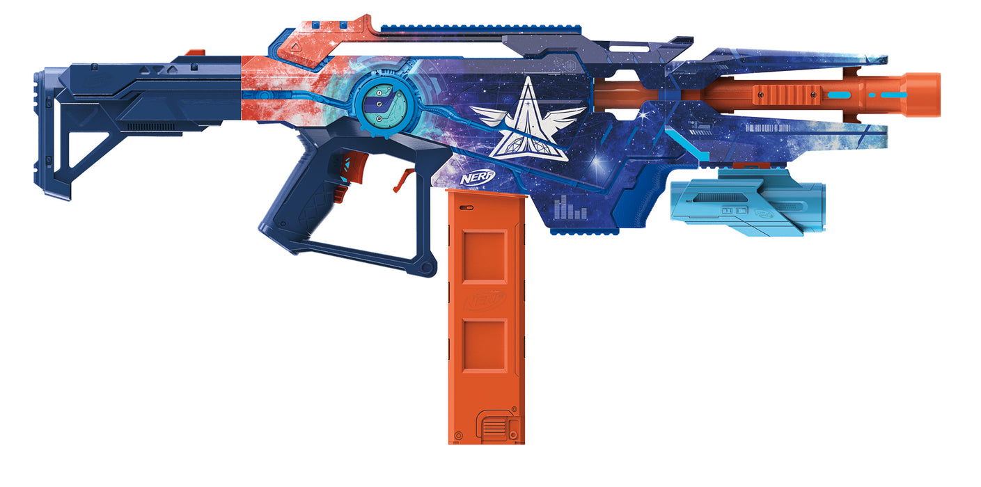 Colorful toy blaster with blue, orange, and red design on a white background