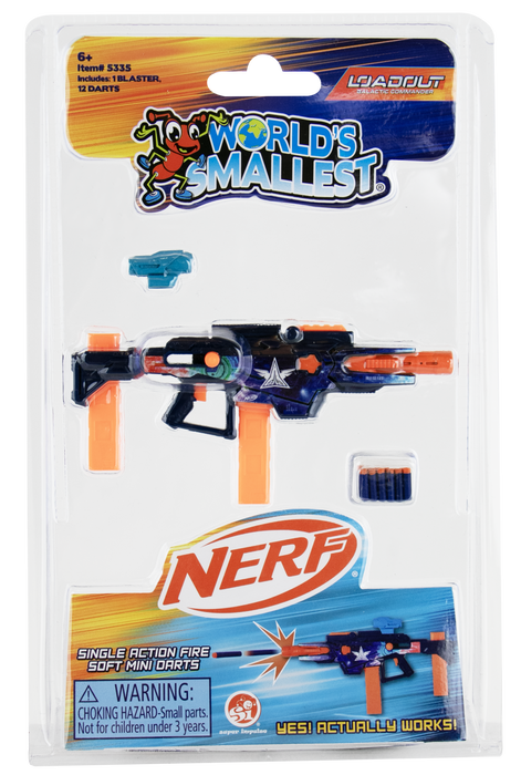 Nerf World's Smallest Single Action Fire in a blister pack with a toy blaster, foam darts, and accessories on a white background.