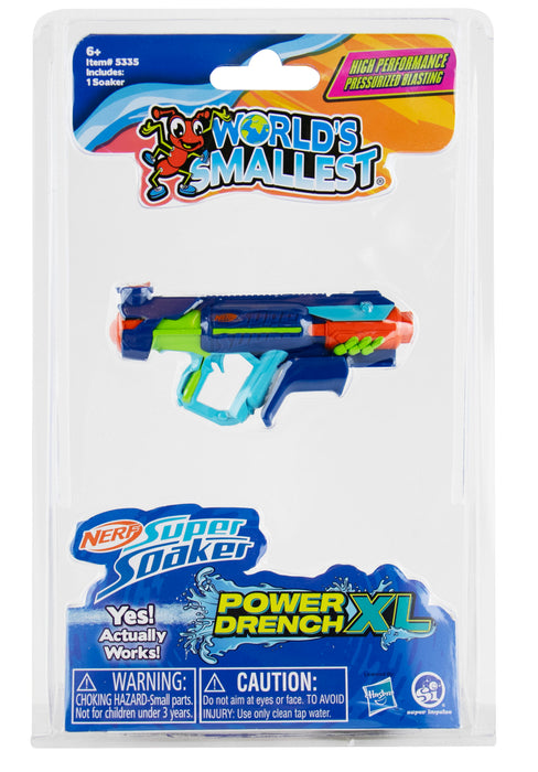 Nerf Super Maker Power Drench XL toy blaster in its original retail blister packaging, featuring a blue, green, and orange toy gun with a clear plastic case.