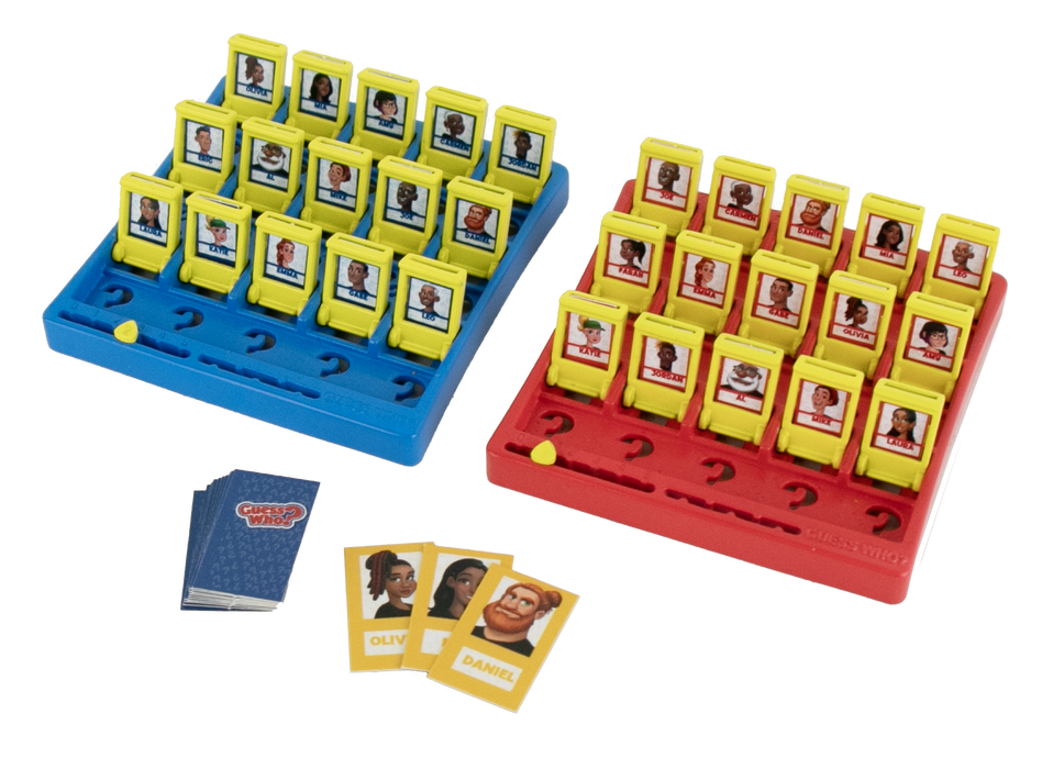 A board game set with two colored trays, one blue and one red, each holding yellow character cards with character portraits. Three face-up character cards are placed in front, and a blue deck of cards is visible on a plain white background.