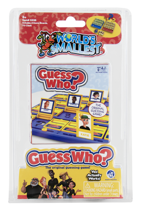 World's Smallest Guess Who? toy set in its original blister packaging, featuring a blue and yellow board game with character graphics and branding.