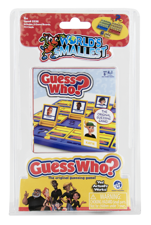 World's Smallest Guess Who? toy set in its original blister packaging, featuring a blue and yellow board game with character graphics and branding.