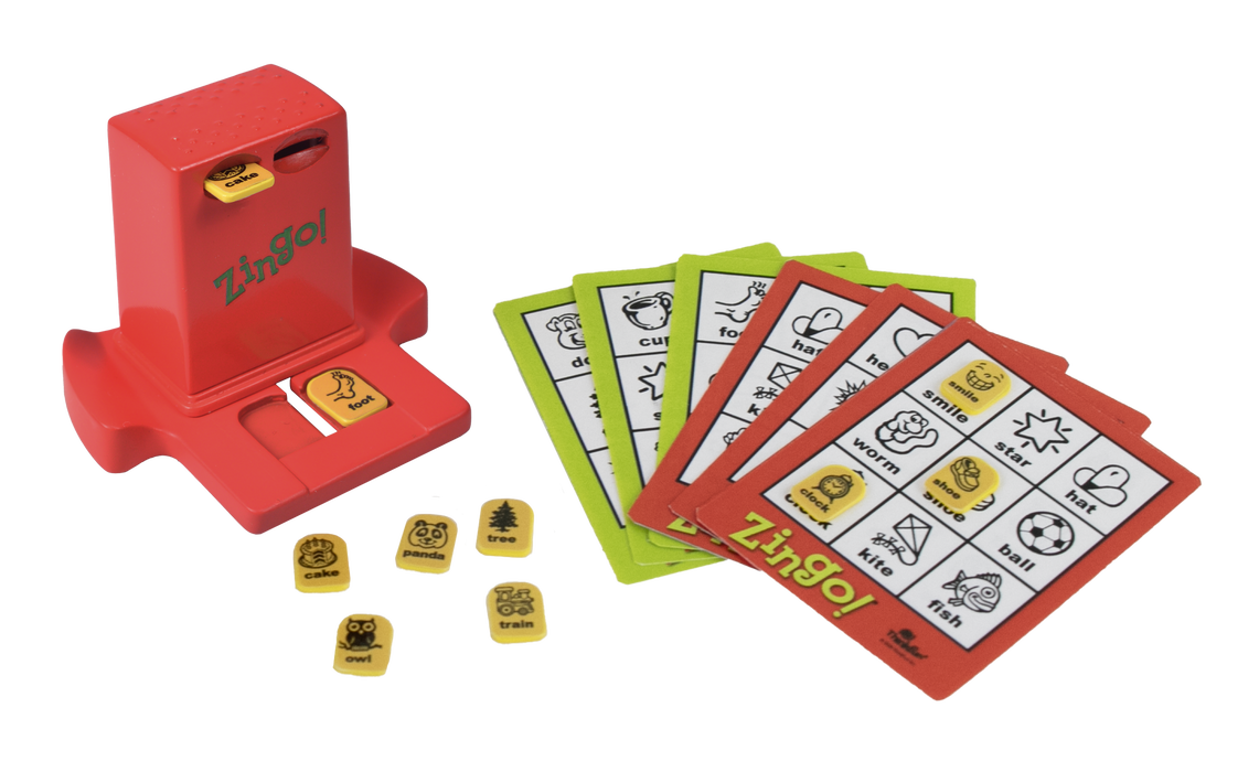 Zingol language learning toy set on a white background, featuring a red plastic token dispenser, several red and green instruction cards, and small yellow token pieces.