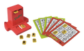 Zingol language learning toy set on a white background, featuring a red plastic token dispenser, several red and green instruction cards, and small yellow token pieces.