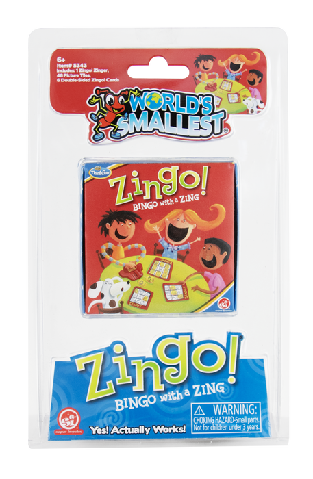 World's Smallest Zingo! Bingo with a Zing board game in its original retail blister packaging, featuring colorful cartoon graphics of children playing on the front.