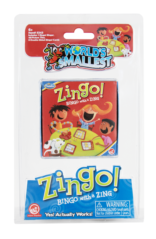 World's Smallest Zingo! Bingo with a Zing board game in its original retail blister packaging, featuring colorful cartoon graphics of children playing on the front.