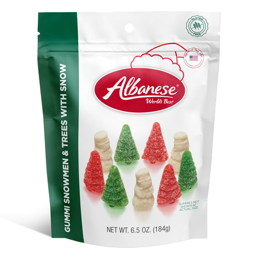 Albanese gummi snowmen and trees with snow package on a white background