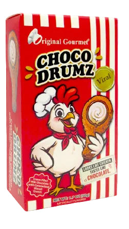 Original Gourmet Choco Drumz chocolate dip in a red and white striped retail display box with individual packs shown beside it on a white background.