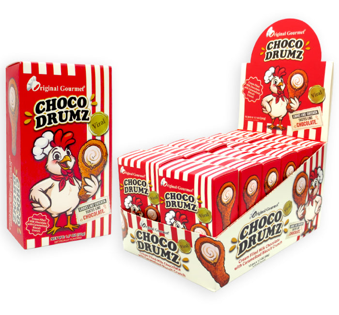 Original Gourmet Choco Drumz chocolate dip in a red and white striped retail display box with individual packs shown beside it on a white background.