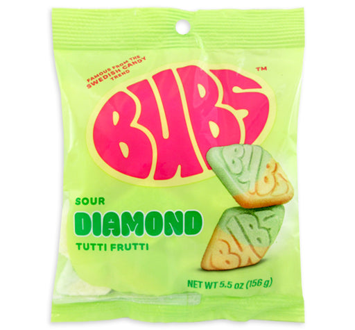 Green package of BUBS Sour Diamond Tutti Frutti candy on a white background