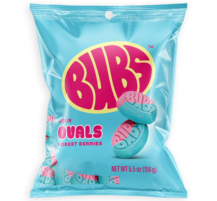 A 5.5 oz bag of Bubs Sour Ovals Forest Berries candy, featuring a bright light blue bag with the pink and yellow Bubs logo and illustrations of the sour oval candies.