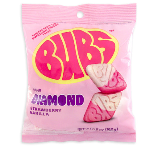 A pink bag of Bubs Sour Diamond Strawberry Vanilla candy, featuring the iconic pink and yellow Bubs logo and images of the candy pieces on the front.