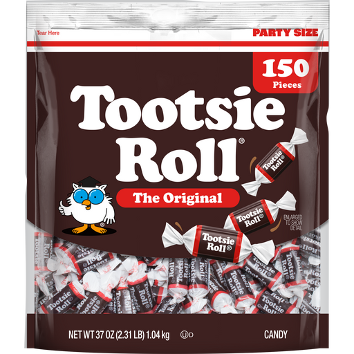 Tootsie Roll candy package with 150 pieces on a brown background