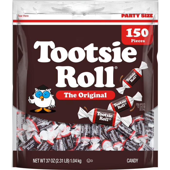 Tootsie Roll candy package with 150 pieces on a brown background