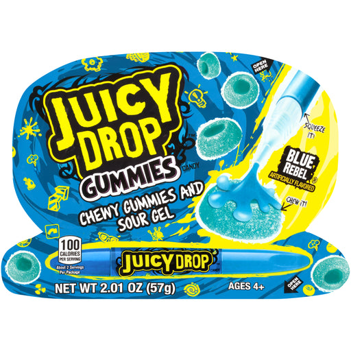 Juicy Drop Gummies Chewy Gummy Candies with a Sour Candy Gel Filled Flavor Boosting Pen 2.01oz Pack Blue Raspberry