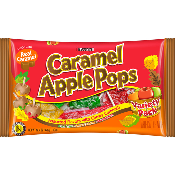 Packaging of Tootsie Caramel Apple Pops Variety Pack on a white background