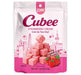 A package of Ezbee Cubee Strawberry Cream cube candy, shown in a white and pink resealable bag with illustrations of pink candy cubes, strawberries, and city silhouettes.