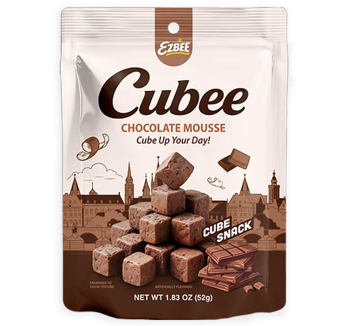 A 1.83 oz bag of Ezbee Cube Chocolate Mousse cube-up snack pieces, featuring a cream and brown package with illustrations of Prague's skyline and chocolate cubes.
