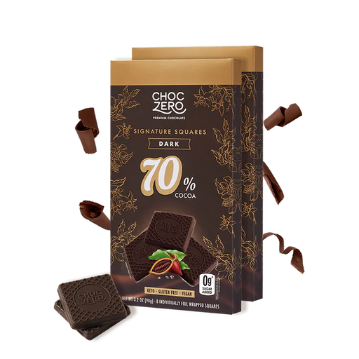 Box of ChocZero Signature Squares Dark Chocolate with 70% Cocoa on a white background