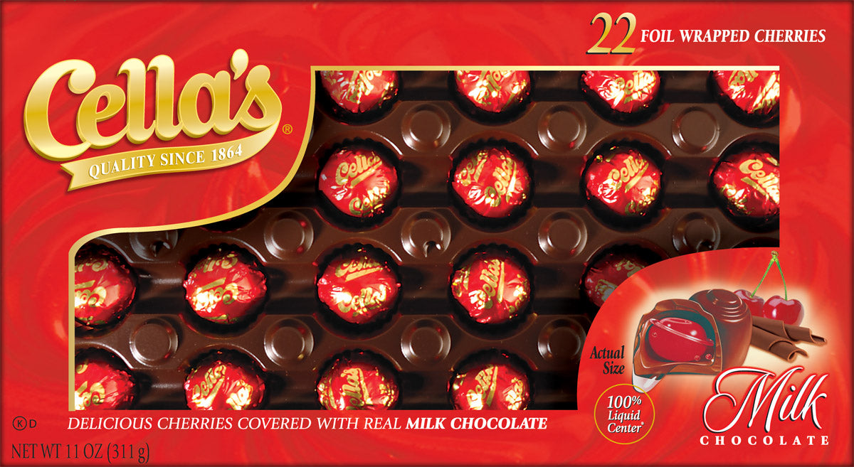 A box of Cellar's Milk Chocolate Cherries, showing 22 individually wrapped red cherries in a dark milk chocolate tray on a red background with gold and white branding.