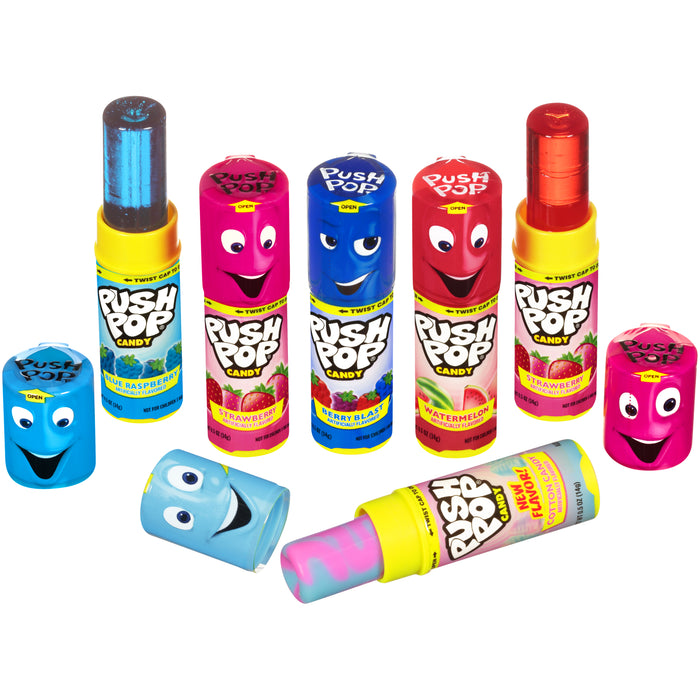 Push Pop .5oz Lollipop Assorted Flavors Picture of all 5 includes Blue Raspberry, Strawberry, Berry Blast, Watermelon, Cotton Candy