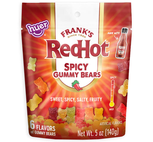 Packaging of Frank's RedHot Spicy Gummy Bears with colorful gummy bears on a white background.