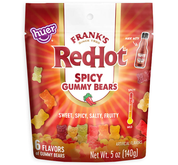 Packaging of Frank's RedHot Spicy Gummy Bears with colorful gummy bears on a white background.