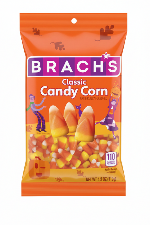 A bag of Brach's Classic Candy Corn, featuring a bright orange package with a purple and white Brach's logo and illustrations of candy corn.