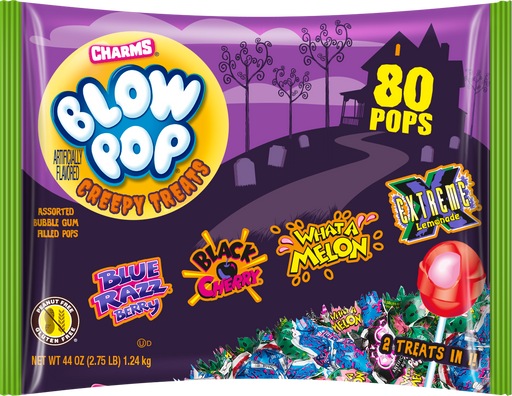 Get ready to celebrate Halloween with this Mega 80ct bag of Assorted Charms Blow Pops! With no introduction needed, these lollipops are a classic American favorite. Enjoy the delicious flavors while getting a surprise bubblegum center. The perfect treat for any trick-or-treater!