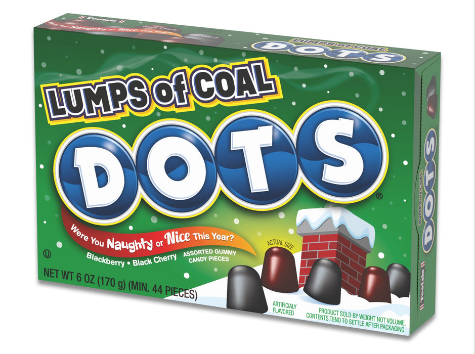 A box of Lumps of Coal Dots candy in a green holiday-themed package, with three loose candy pieces shown in front on a white background.