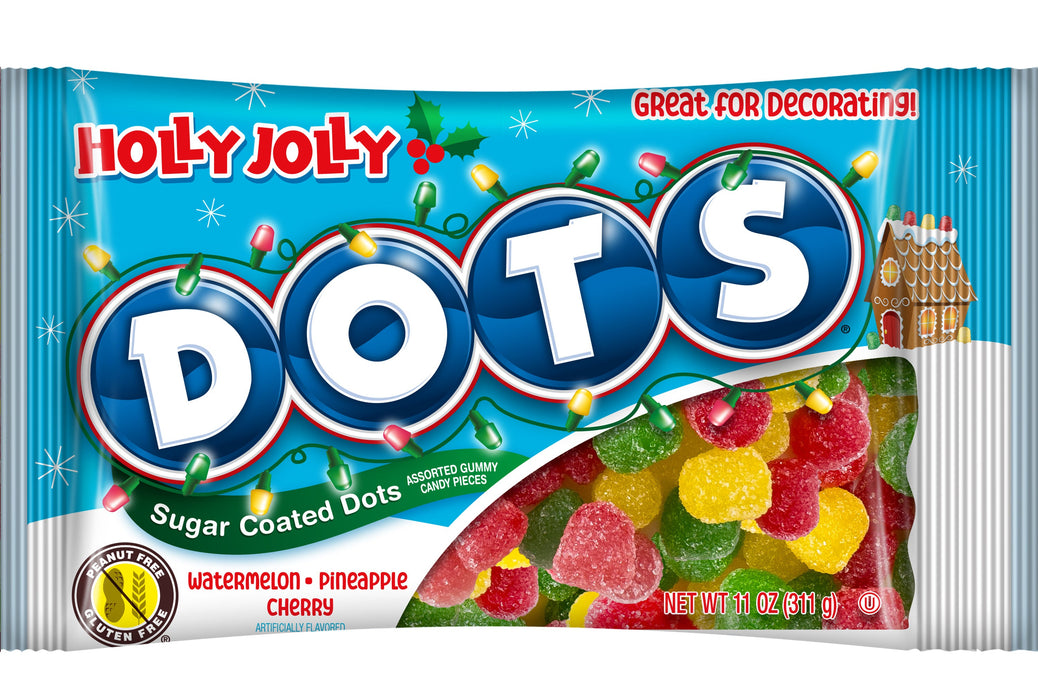Holly Jolly Dots candy package with colorful design and text on a white background