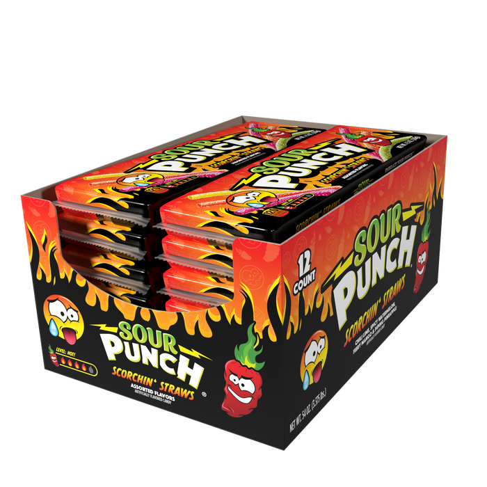 Taste the excitement with Sour Punch Straws! Can you Handle the heat? Introducing Scorchin' Straws! Each 4.5oz Tray brings the heat with sizzling flavors of Chili Lime, Spicy Watermelon, Piping Pineapple, and Fiery Mango! So Turn up the dial on your Sweet Heat meter and grab some today! - 12ct Box