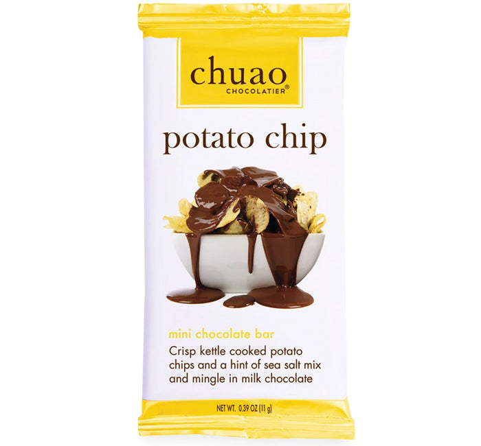 A packaged mini chocolate bar from Chuao Chocolatier, featuring a potato chip and milk chocolate dip illustration on a white package with yellow accents.