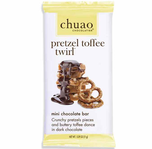 A packaged mini chocolate bar featuring pretzel toffee twirl by Chuao Chocolater. The white wrapper has pale yellow top and bottom borders, with the product name in dark brown text and an image of stacked pretzels and chocolate drizzle on the front.