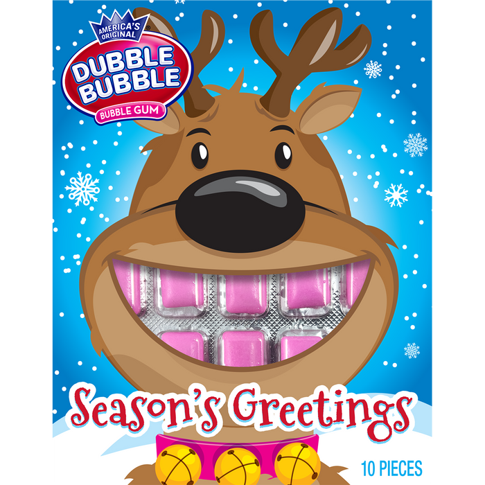 Reindeer - Indulge in the festive spirit with these Christmas Double Bubble Holiday Gum Greeting Cards! Each card contains .49oz of original pink chiclet style gum tablets that look like the characters teeth! Featuring cute designs of Santa, Reindeer, or a Snowman, these are the perfect way to say, Seasons Greetings and Merry Christmas this year!

PLEASE NOTE: IMAGE ON CARTON MAY VARY DEPENDING ON INVENTORY QTY :