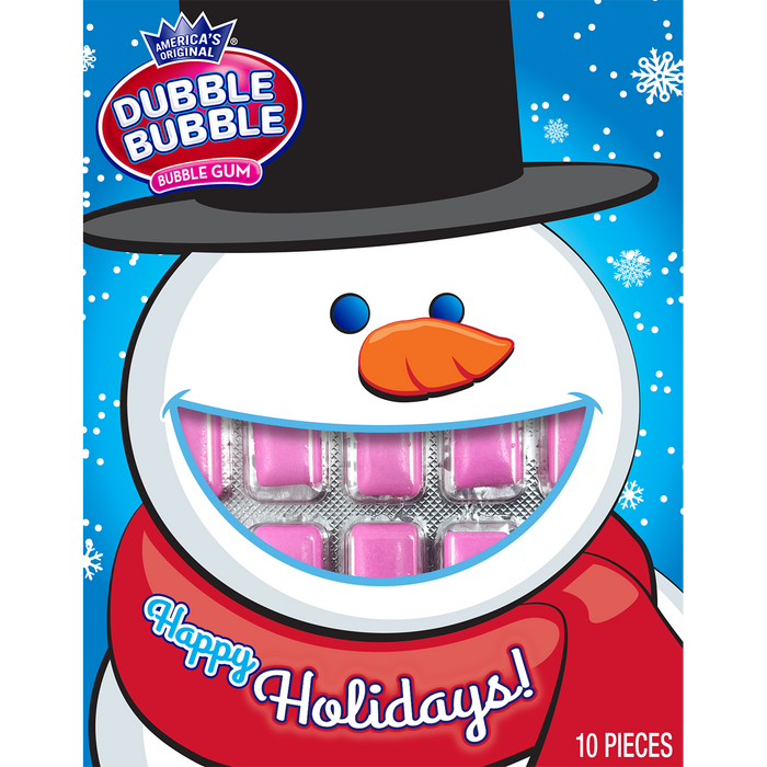 Snowman - Indulge in the festive spirit with these Christmas Double Bubble Holiday Gum Greeting Cards! Each card contains .49oz of original pink chiclet style gum tablets that look like the characters teeth! Featuring cute designs of Santa, Reindeer, or a Snowman, these are the perfect way to say, Seasons Greetings and Merry Christmas this year!

PLEASE NOTE: IMAGE ON CARTON MAY VARY DEPENDING ON INVENTORY QTY :